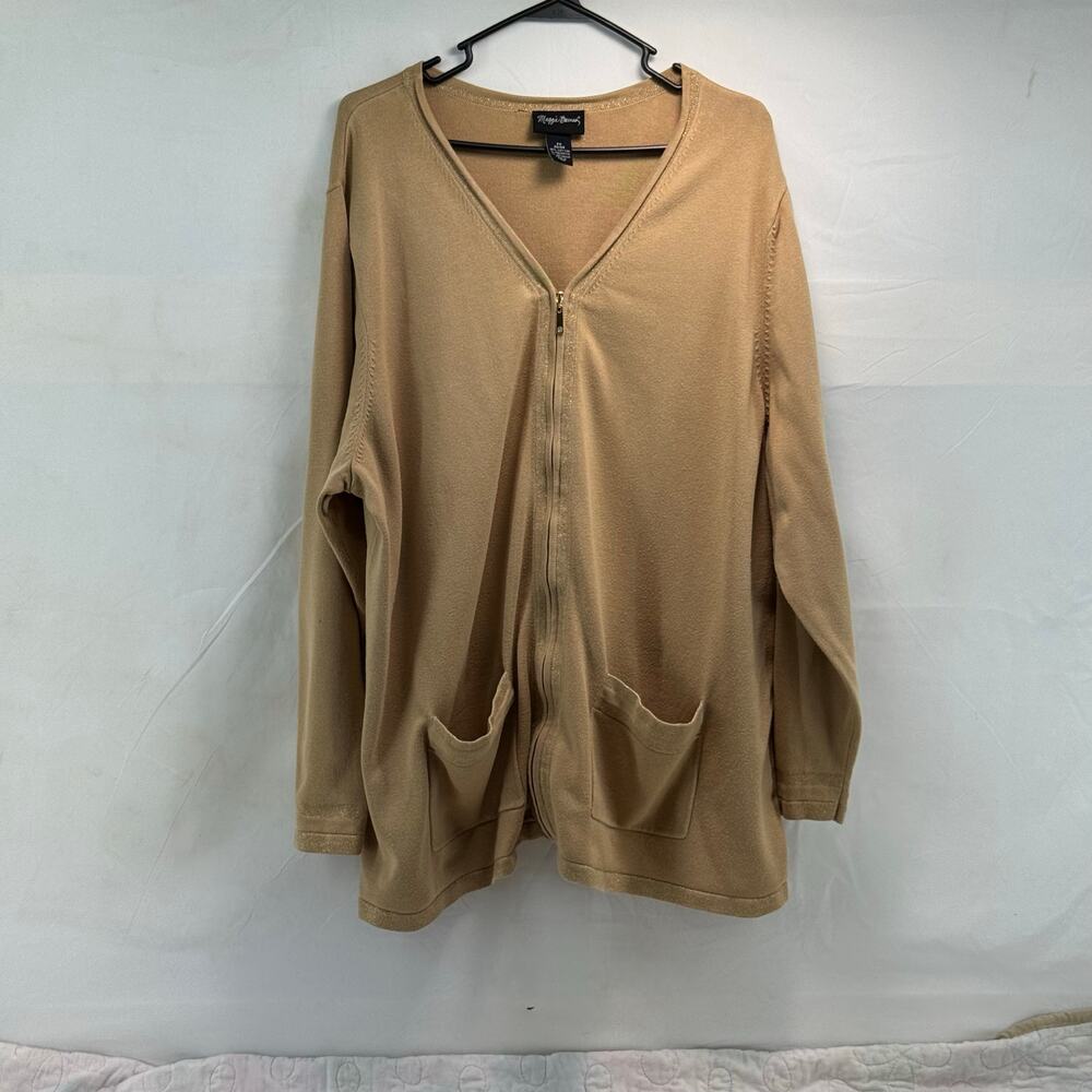 Maggie Barnes women’s 2X tan/gold with shimmer cuffs zip up sweater Office, cozy